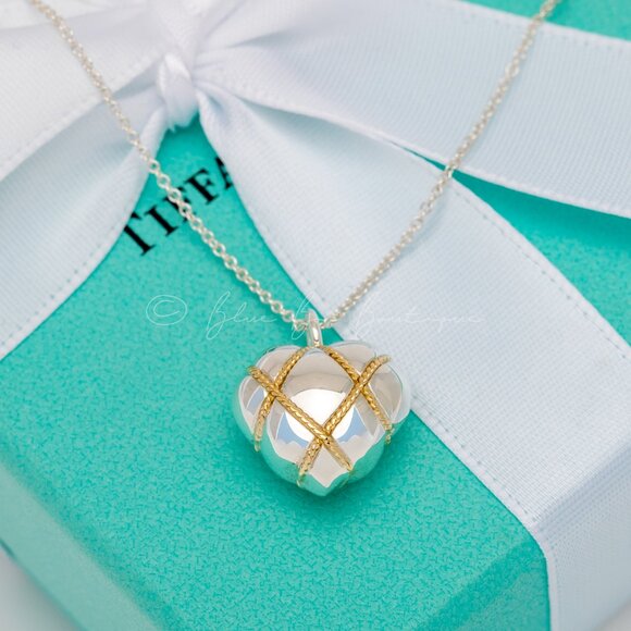 *RARE* Tiffany & Co. Vintage "Quilt Heart" Necklace Puffed 14k Gold Rope Pendant - Picture 6 of 8